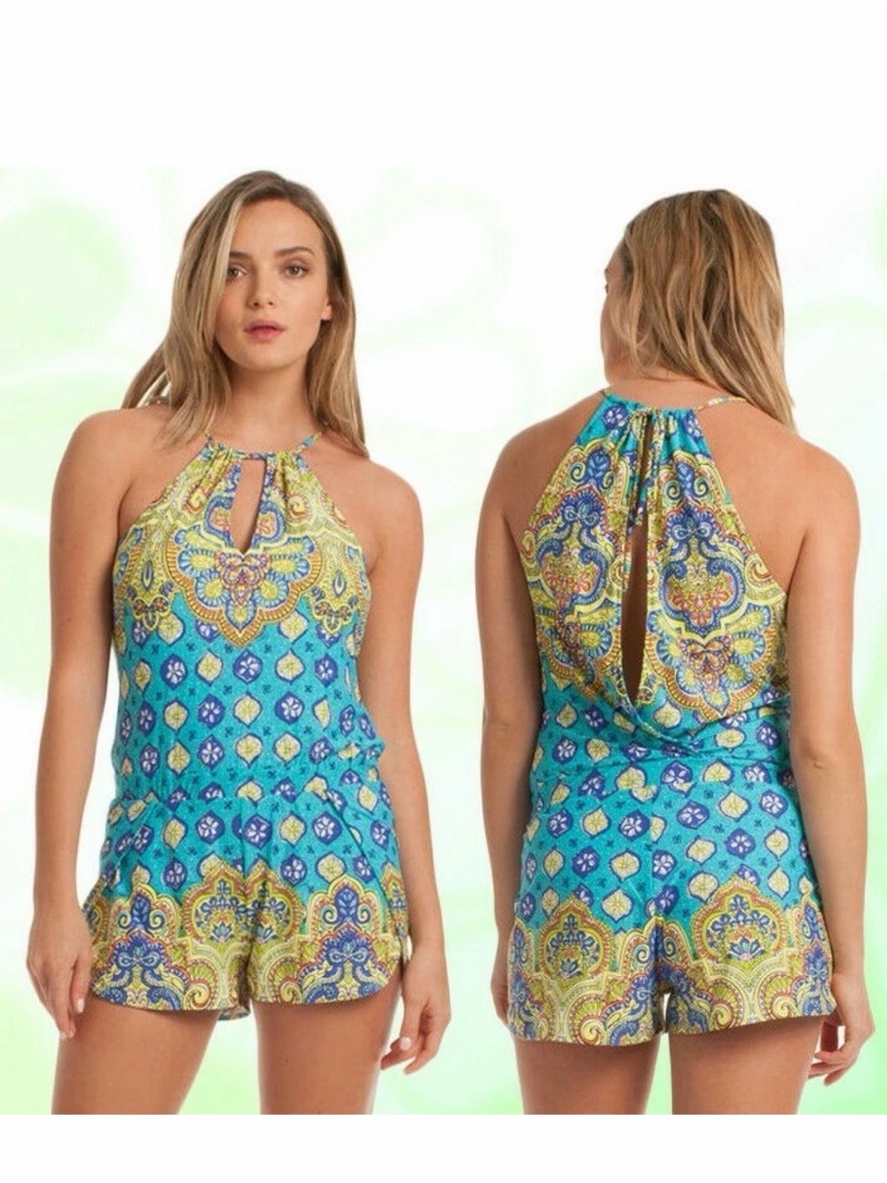 Trina Turk Turquoise Paisley Halter Romper with Yellow Accents